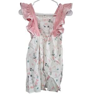 Girls Pink Bunny Floral Ruffle Lace Trim Dress Size 6Y